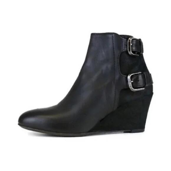 AGL Black Suede Leather Double Buckle Wedge Ankle Boots Size 39.5 - Picture 1 of 8
